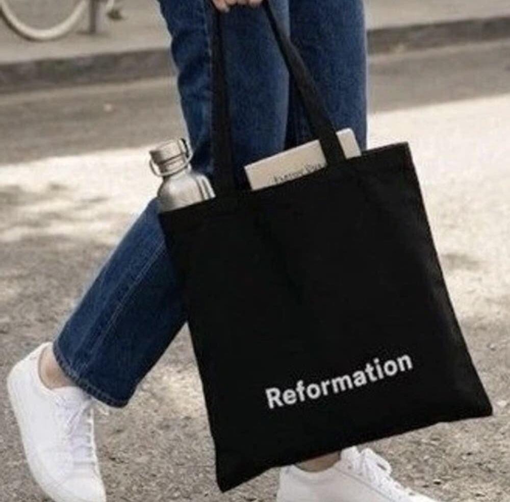 Reformation Tote Bag Black Canvas Logo Print Sustainable Lot of 2